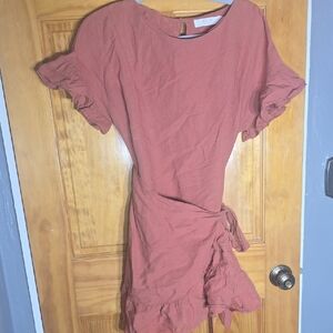 Ruffled Rust Dress Linen Rayon Blend  Small   Coral Rust In Color